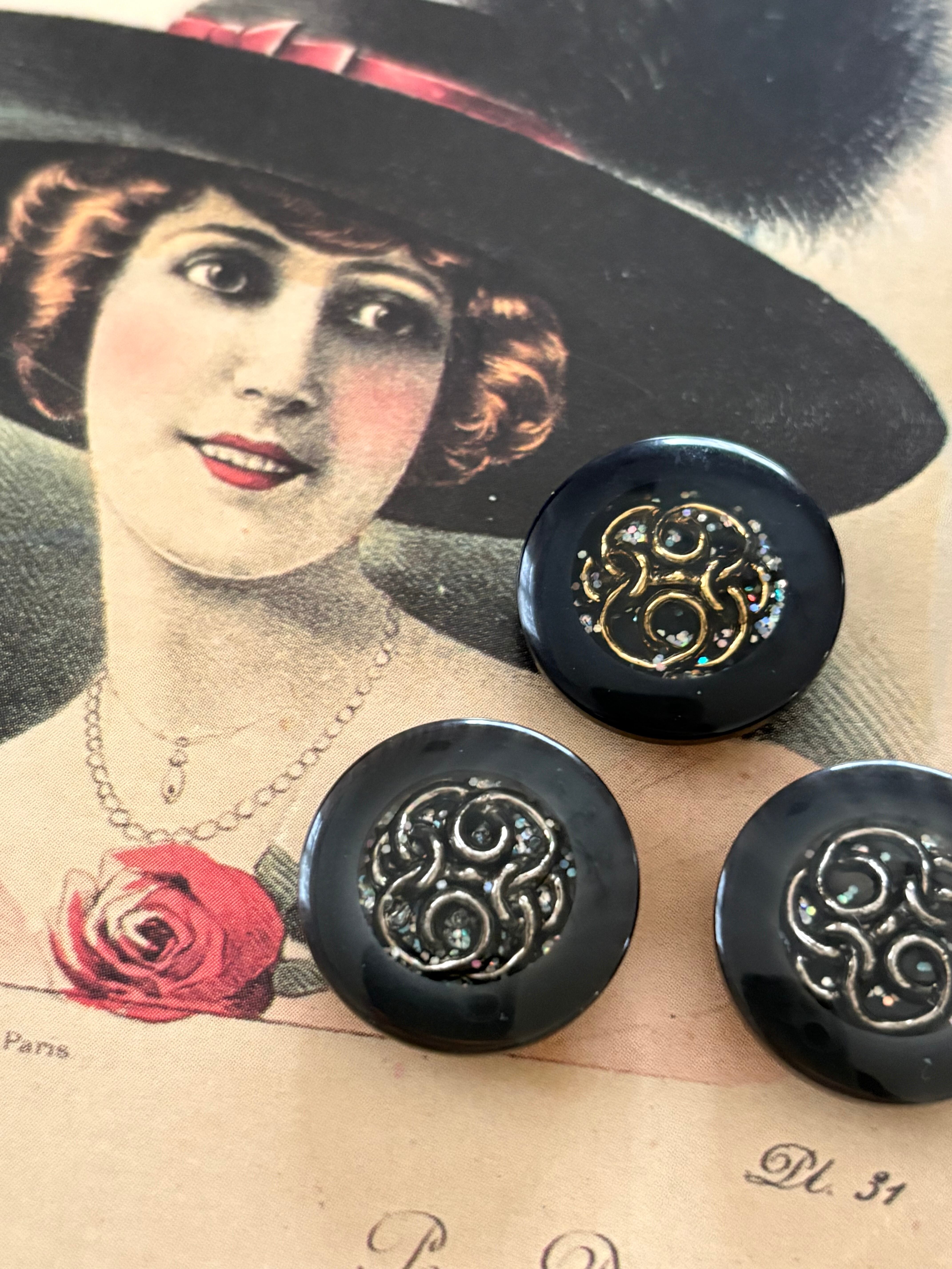 20mm Japanese Vintage ボタン ネイビー×ゴールド/ダークグレー×シルバー ホログラム レトロ アクセサリーパーツ 装飾材 カルトナージュ