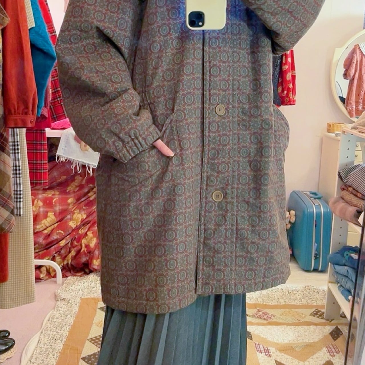 round collar geometric drawstring coat