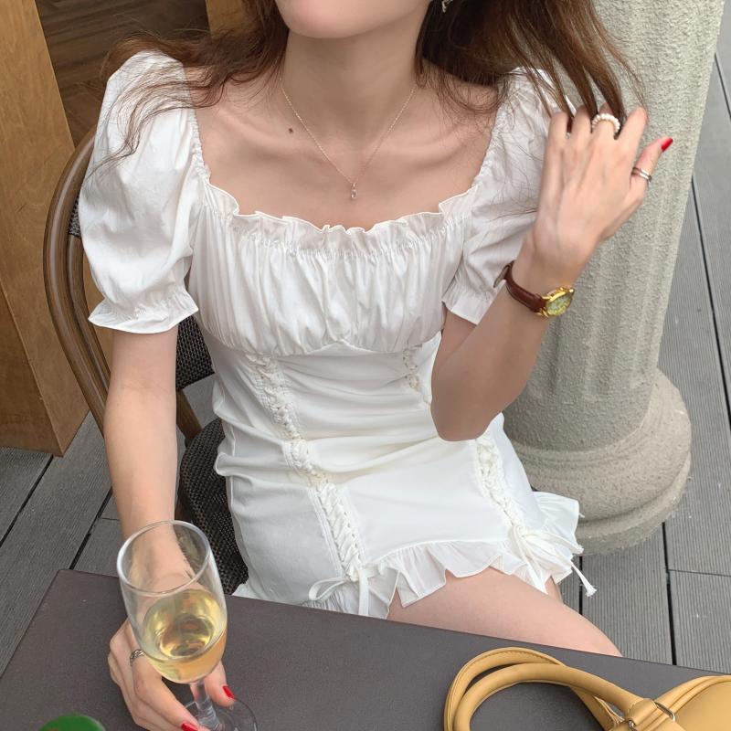 薄手カラーショートスカート バンドスリーブスリムフィットサマードレス 夏物 スクウェア ビッグFスモールZ韓国19033861900