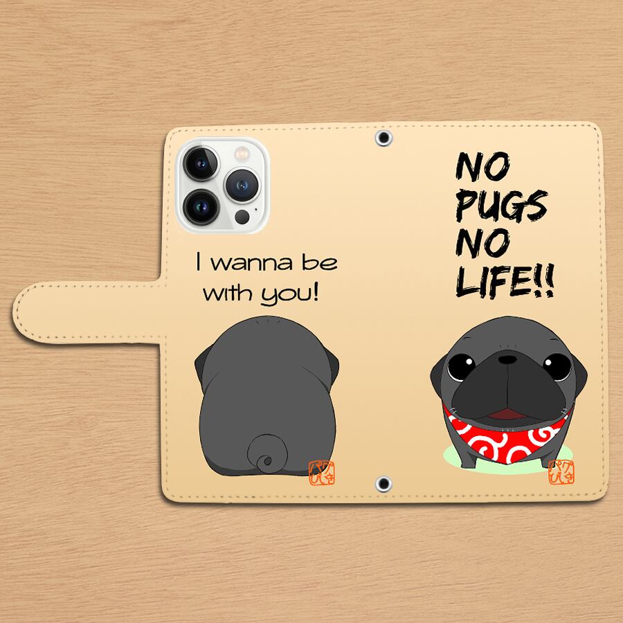 スタンド付き 両面印刷 手帳型 iphone/Androidケース かわいいパグ②　黒パグ