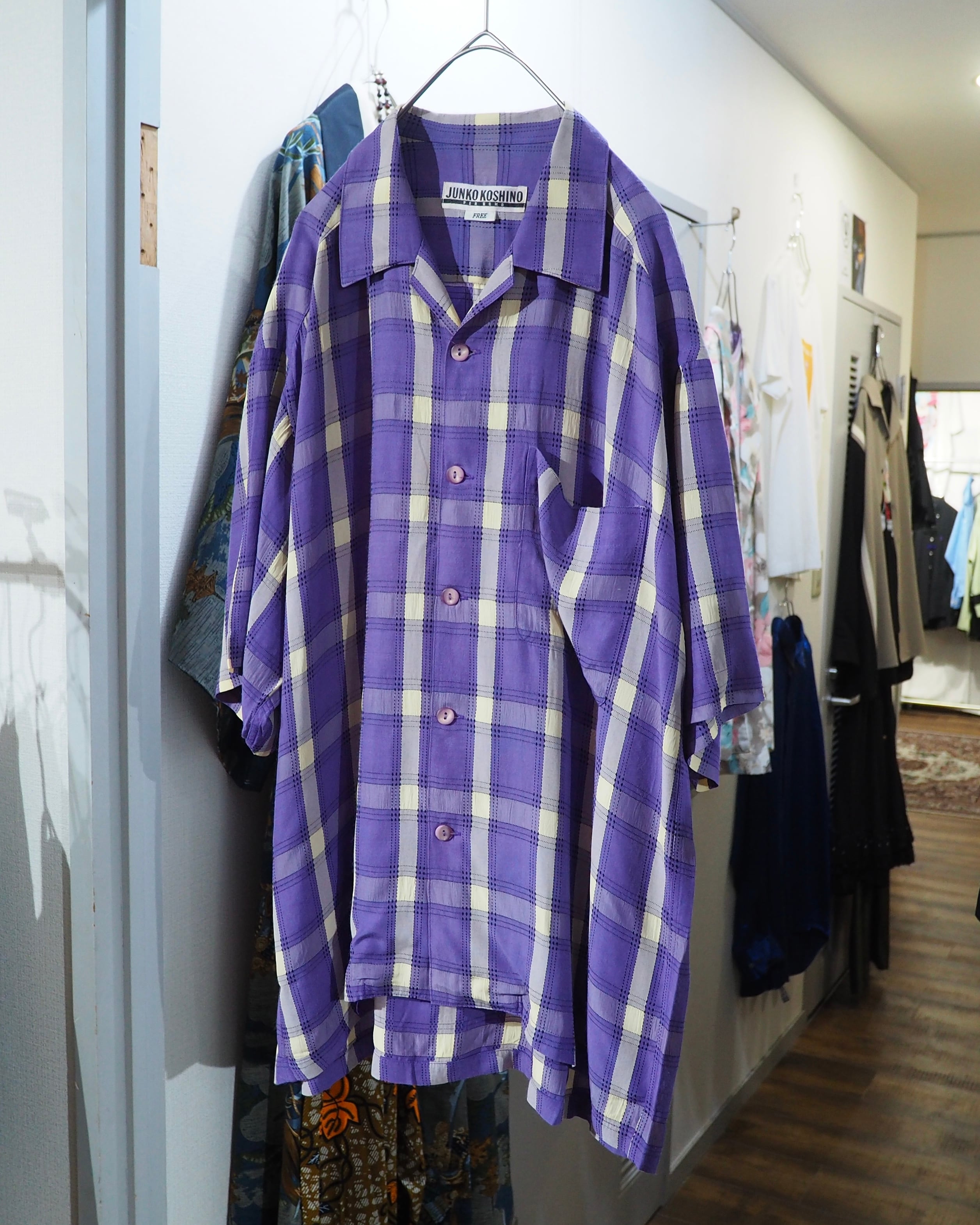 1990s " JUNKO KOSHINO " White Purple Check pattern vintage Open collar SS shirt