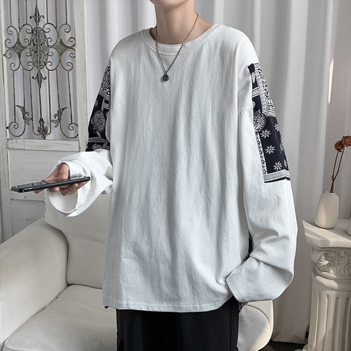 長袖 Tシャツ ロンT カットソー プルオーバー パッチワーク風 ストリート カシューフラワー バンダナ柄 メンズ ※【取寄:発送目安14-21日営業日】