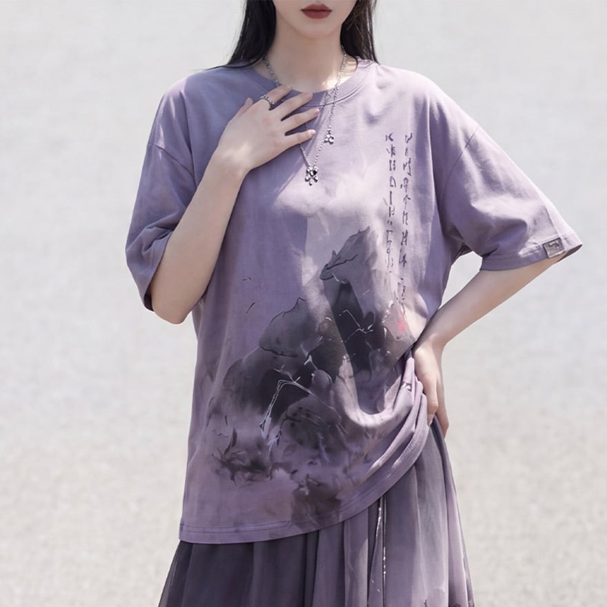 サブカル地雷系 Tシャツ 中華風プリント パープル 墨絵風