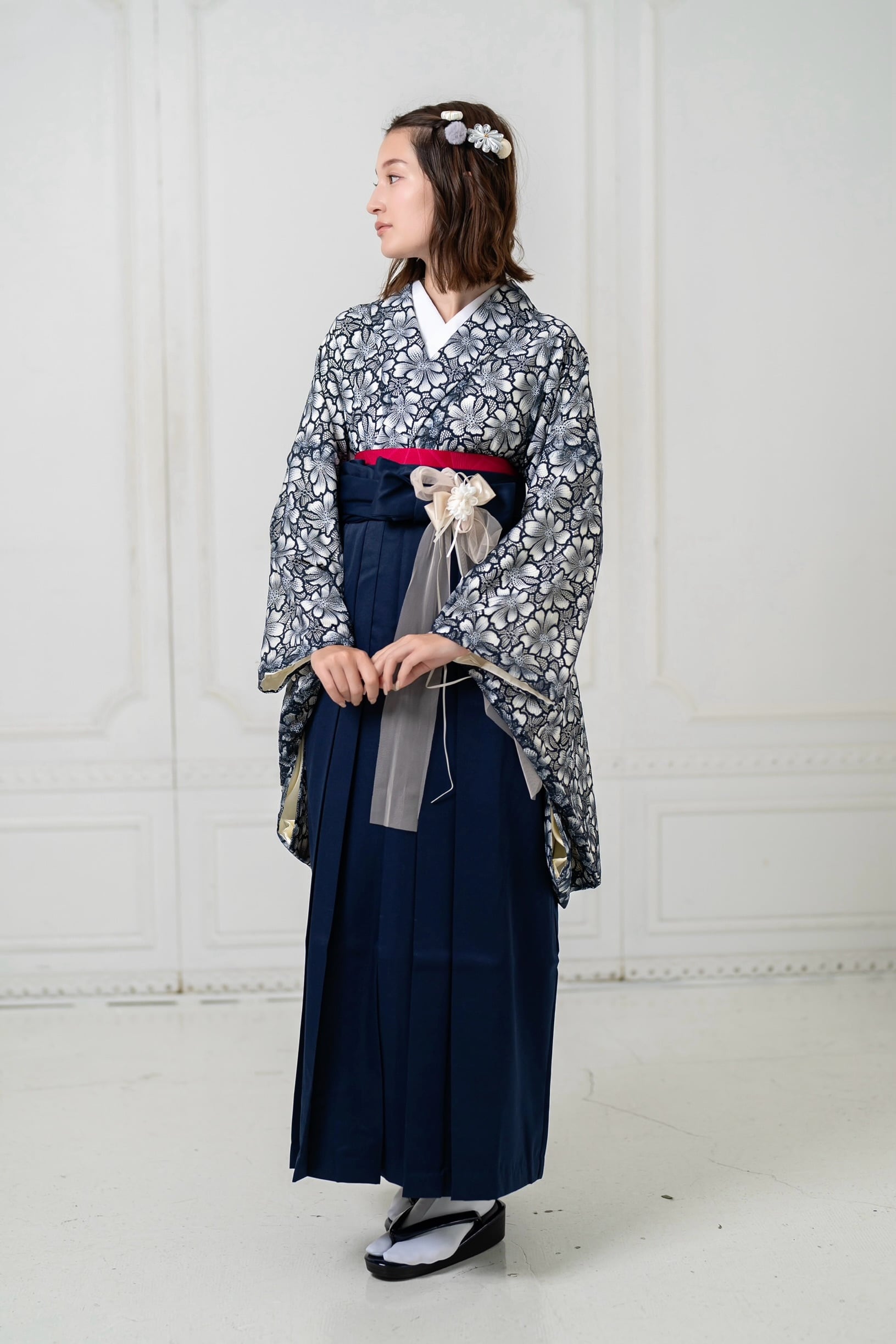 Kimono Sienne 卒業式袴3点セット レース二尺袖 紺×白 二尺袖着物 袴