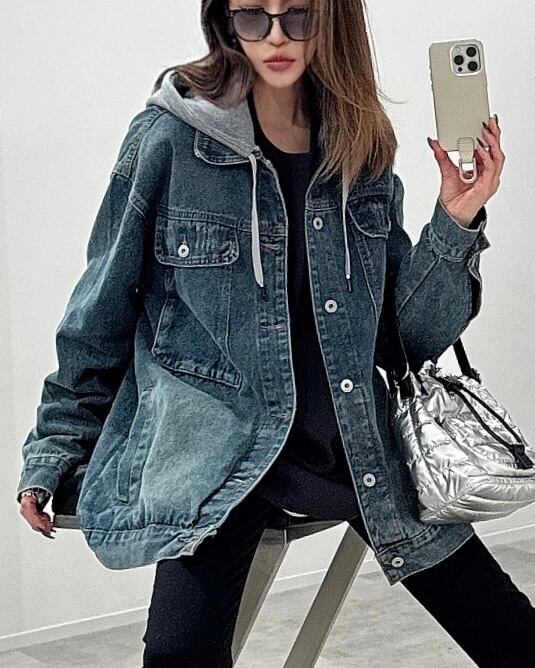 フード付きポケットdesignダメージウォッシュdenim オーバーJK