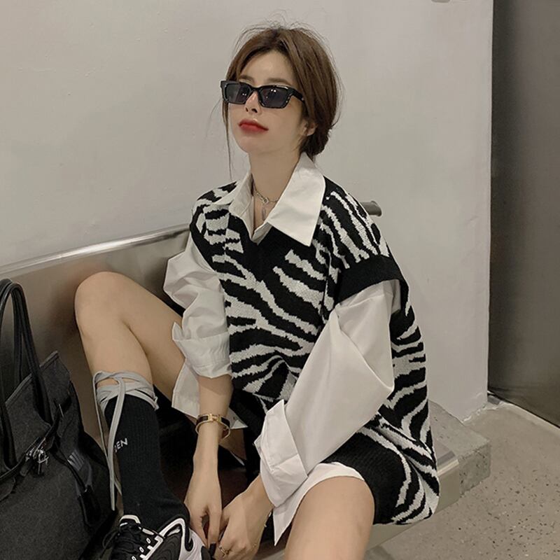 スタンダードノースリーブスプリングスタイルニットセーター Vネックレディース レトロ 春物 試着室90778003244