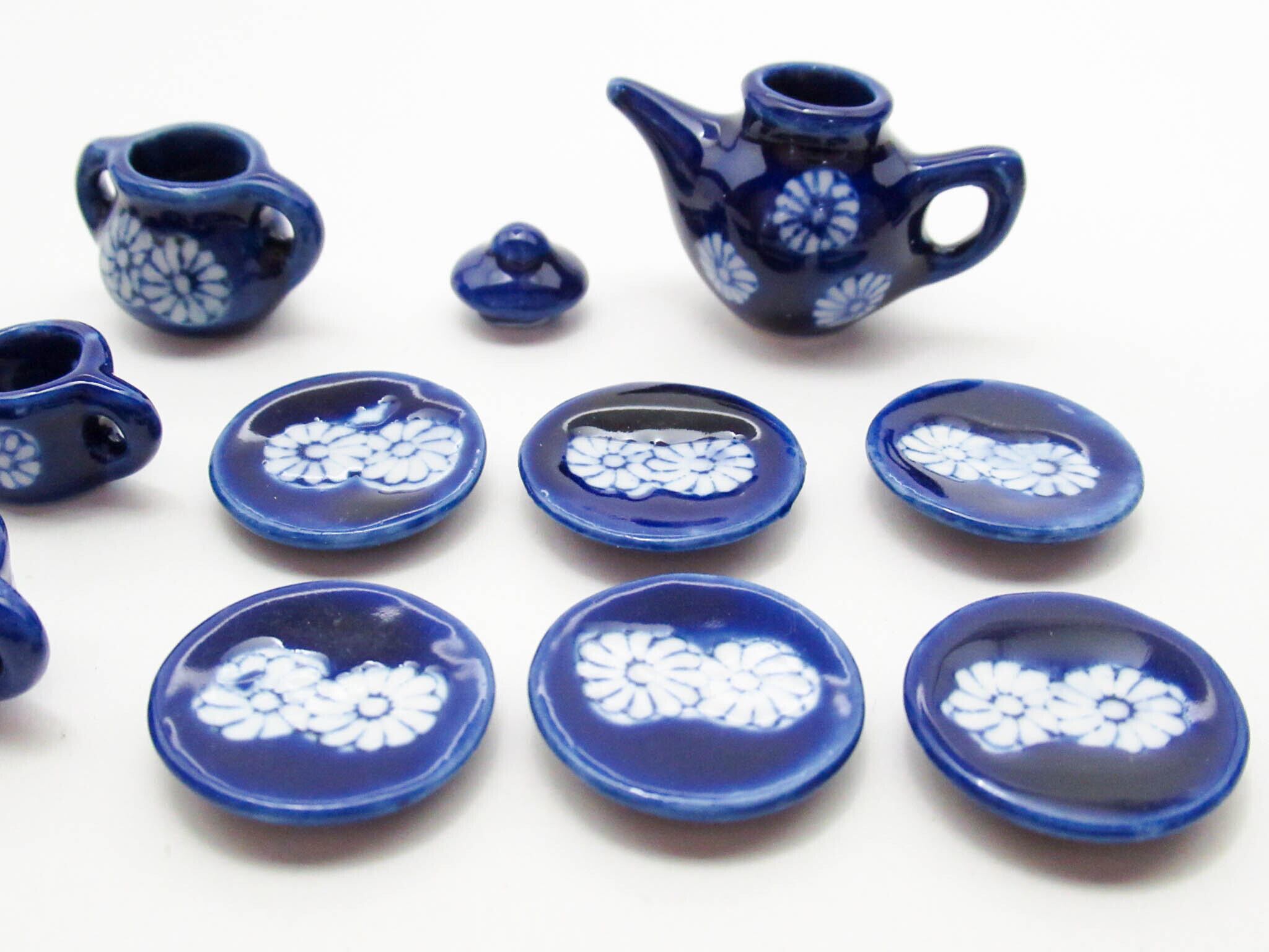 ミニチュア 陶器◇可愛いティータイムセット 藍染花紋（AD044