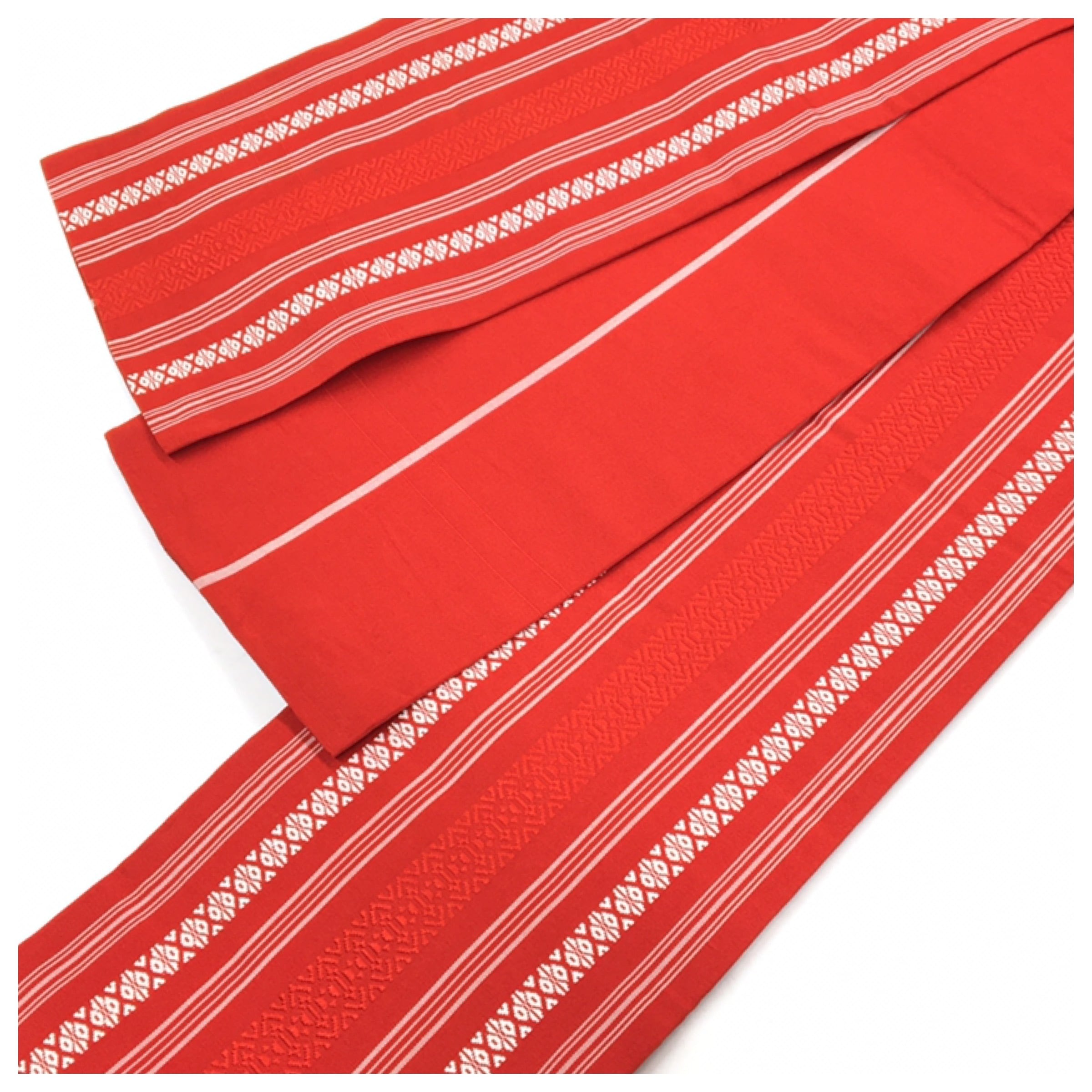 上質　正絹　本場筑前博多帯　赤x白　献上柄　半幅帯　長さ352　幅15　中古品