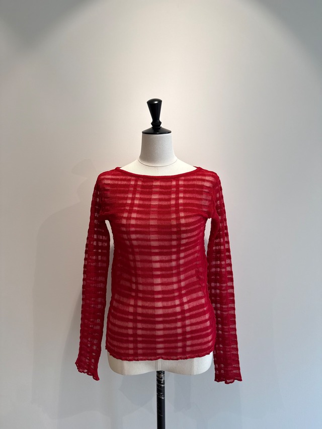 TAN/26SS-13 FLOWING CHECKED KNIT PULLOVER RED