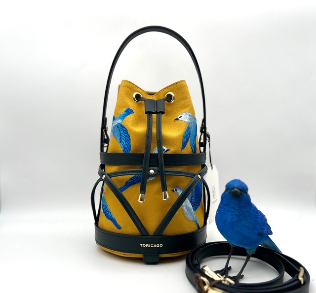 【TORICAGO_青い鳥◆イエロー×ネイビー◆金具ゴールド】鳥籠モチーフデザイン＊褒められバッグ＊内袋を変えれば着せ替え可能
