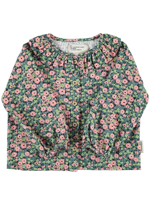 【piupiuchick】Round Collar Blouse with Multicolor Flowers / Green 【piupiuchick】Round Collar Blouse with Multicolor Flowers / Green