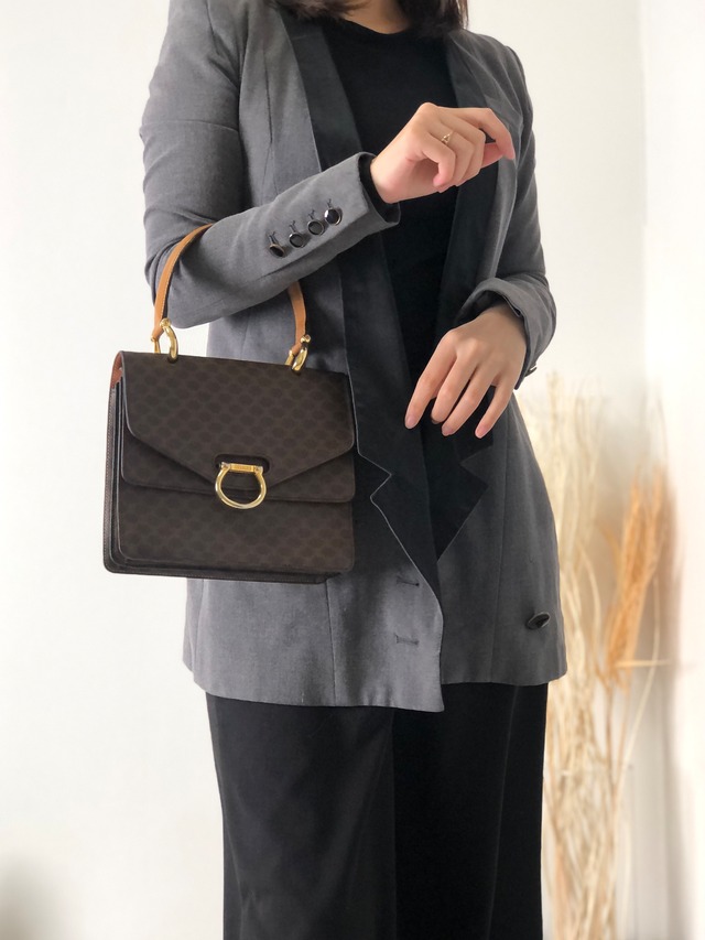 CELINE セリーヌ マカダム ホースビット レザー ダブルフラップ ハンドバッグ ブラウン vintage ヴィンテージ オールド ji65m3
