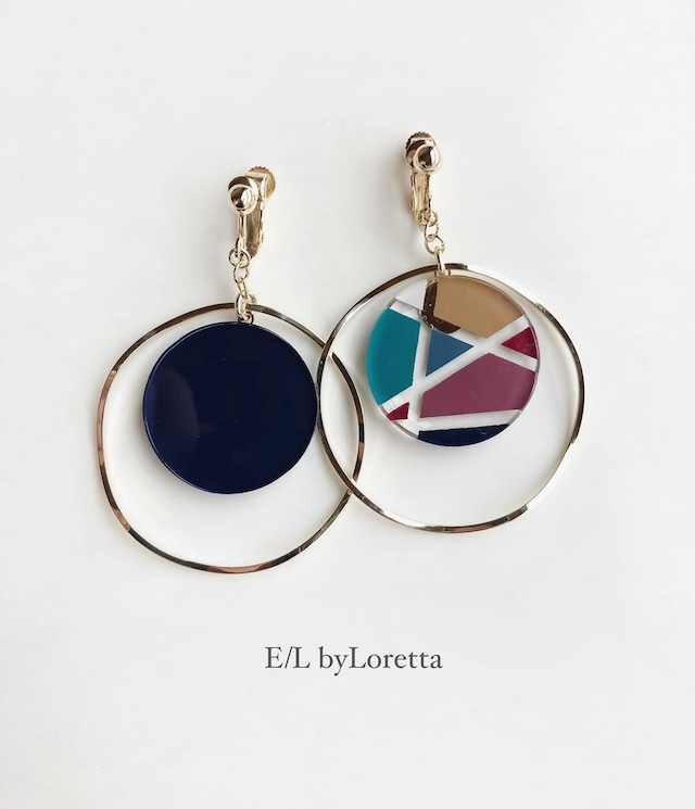 Asymmetry art big hoop pierce/earring(Navy × Mix)