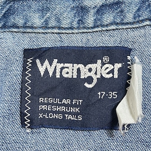 【Wrangler】80s ウエスタンデニムシャツ デニムシャツ ウエスタンシャツ ショルダーヨーク フラップポケット カラーステイ XL相当 ビッグシルエット ラングラー 胸パッチ us古着