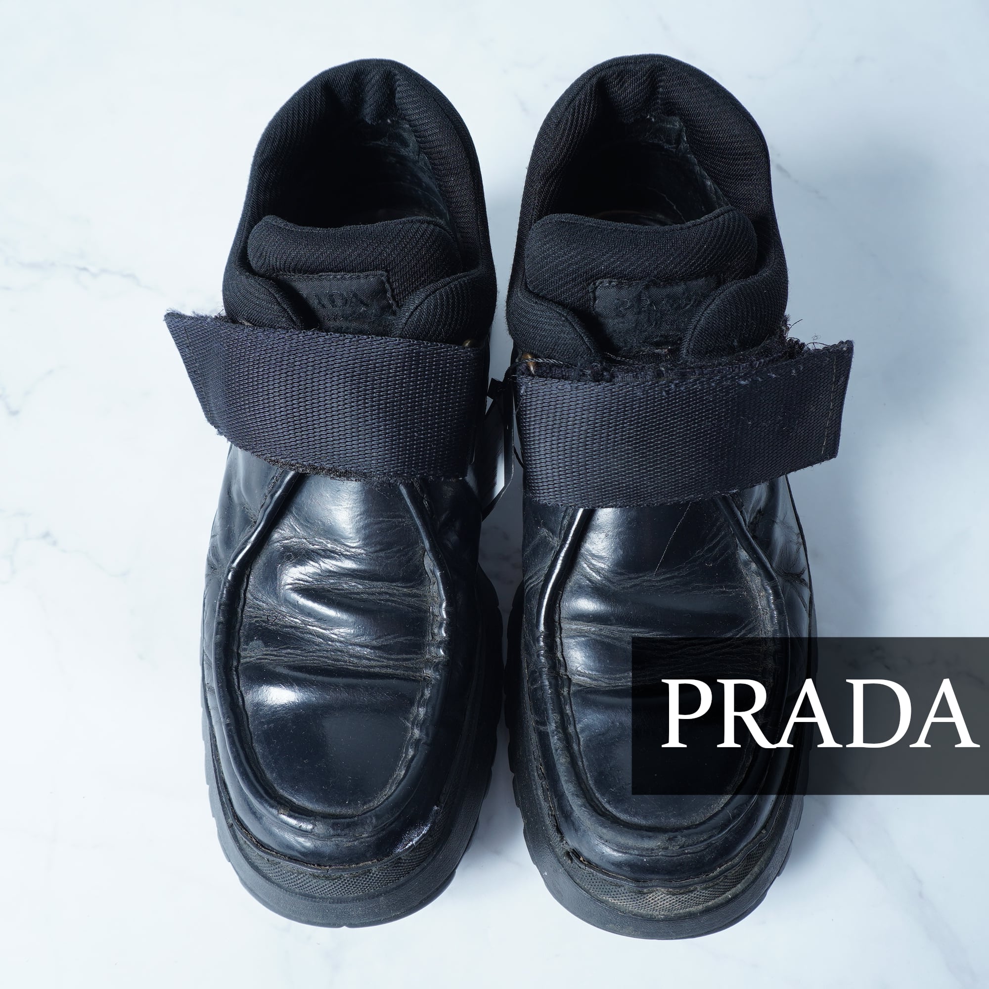 【美品】プラダ　ロングブーツ　黒　36 1/2 23.5 アンクルベルト PRADA】プラダ ベルクロ厚底ビブラムソールショートブーツ black