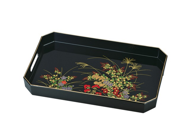 36-5117 10.0丸盆 黒 舞扇 Brack Round Tray with Flower and Fan