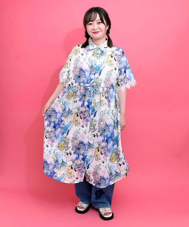 ScoLar(スカラー）気球柄×デザート柄 前後切替シャツワンピース ブルー