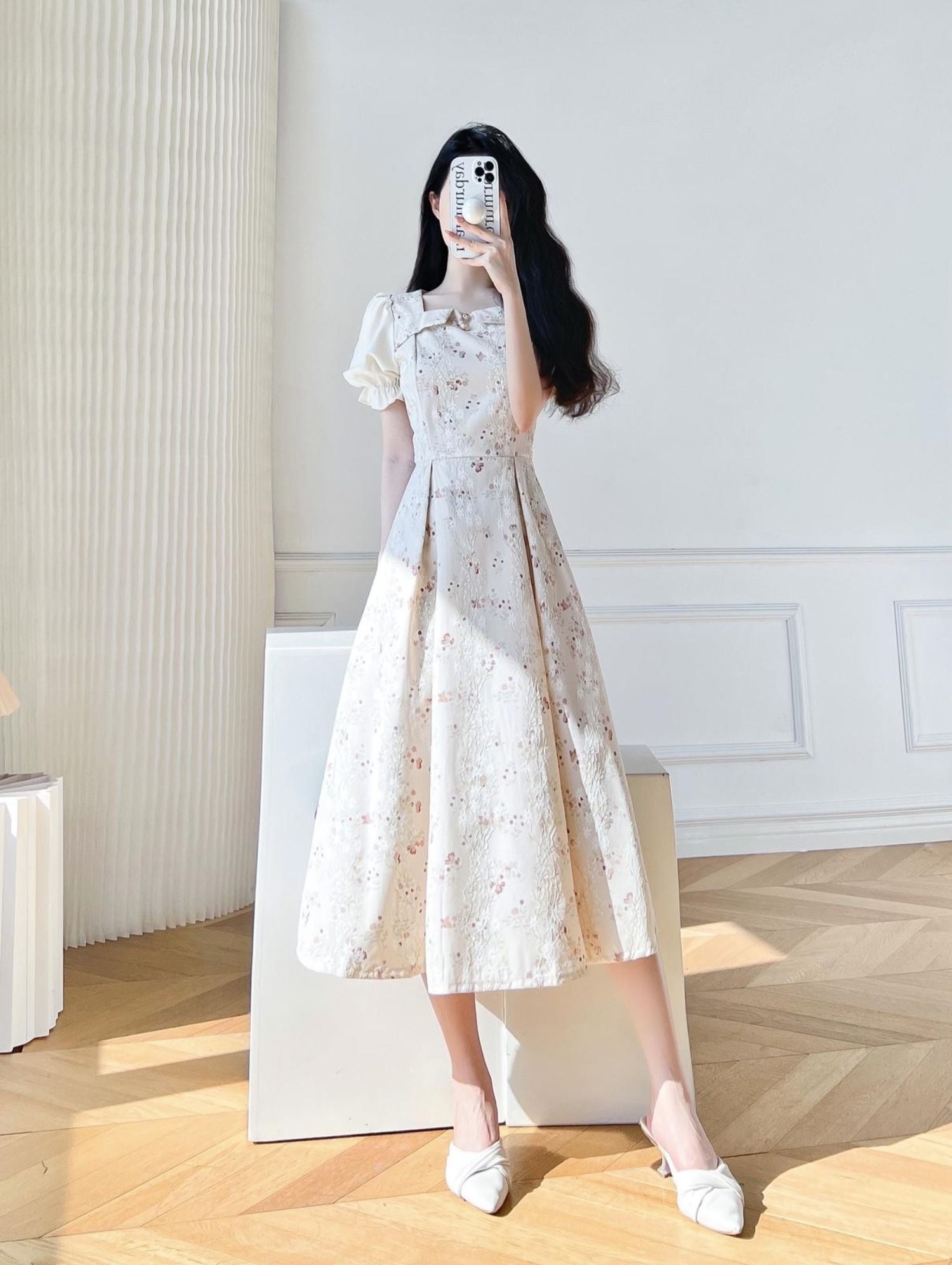 【Dolce&Gabbana】ワンピース 花柄 スクエアネック 長袖 ピンク 8e72c71655aff93f4ee29aa0fada5d