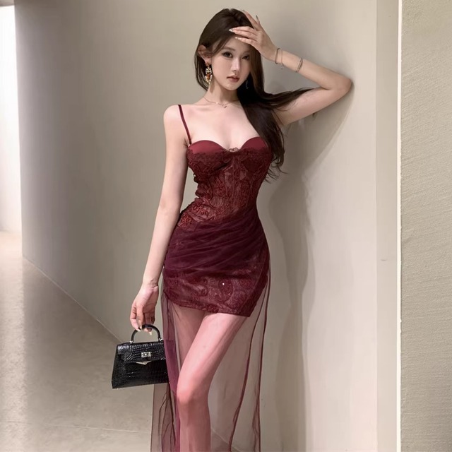 ロングドレス キャバドレス セクシー 上品 レース チュール切り替え ギャル キャミワンピ ボディコン JC2-ZED882424DXH437