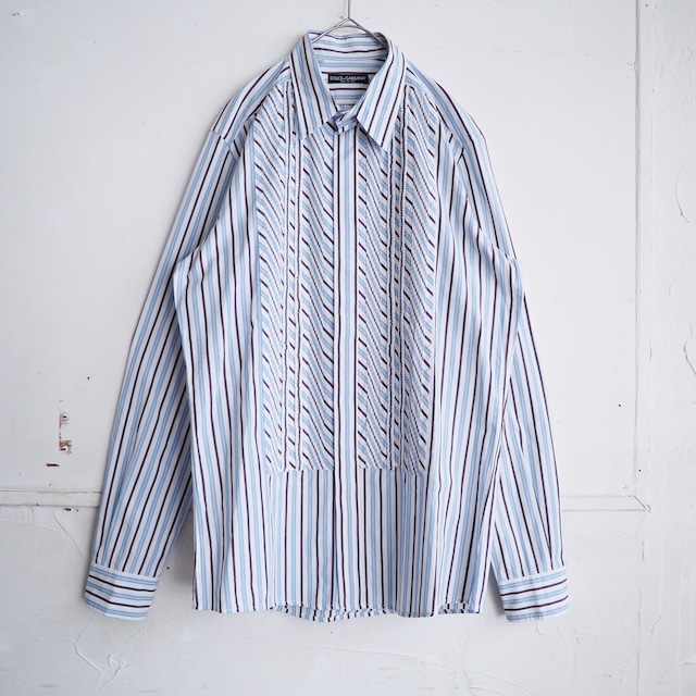 ” DOLCE&GABBANA ” smocking embroidery line design stripe cotton dress shirt (made in Italy)