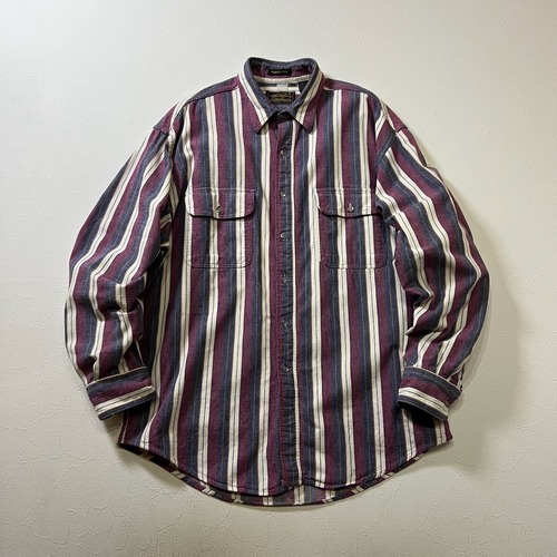 80s〜 USA Eddie Bauer　ストライプ　フラップポケット　長袖シャツ　エディーバウワー　ボルドー　ネイビー　L 古着