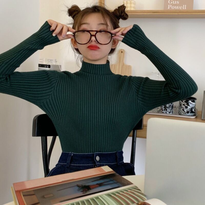 カラーシャツ レディースオータムウィンタースリムブラックニットトップス ロング 秋物 冬物 YY-ファッション47617405261