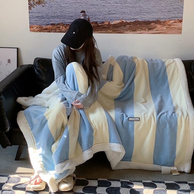 【BLANKET】ファッションボーダーラムフリースブランケット