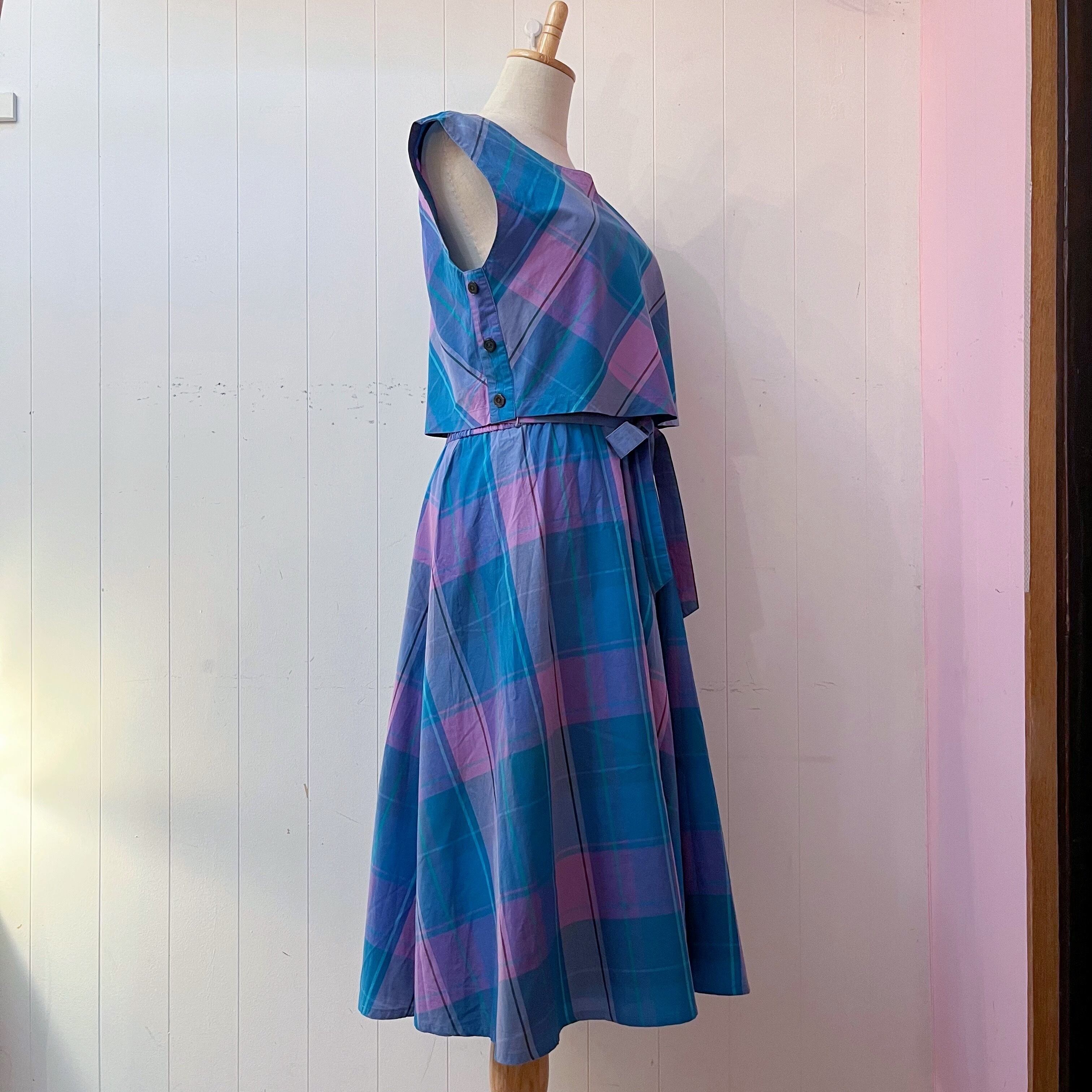 blue pink check ensemble one-piece