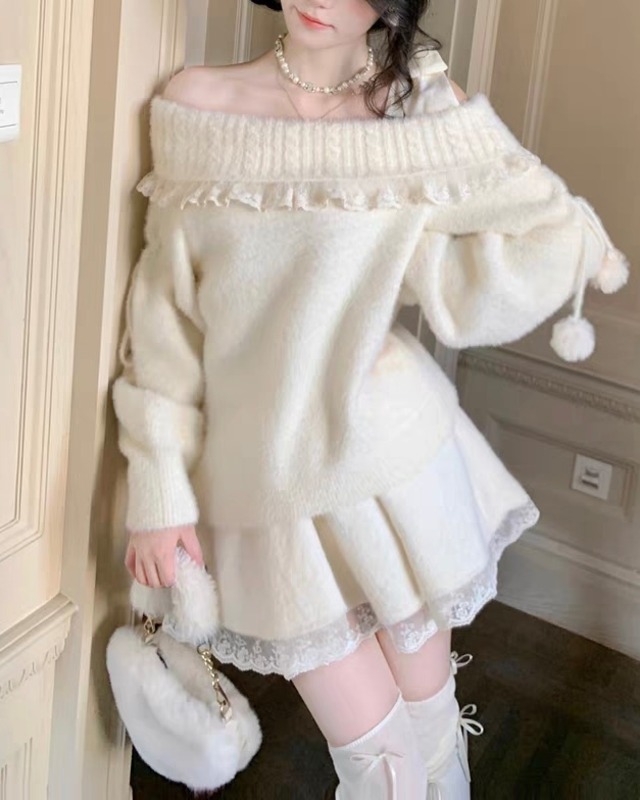 ワンショルダーホワイトソフトニットトップス 　25W08238