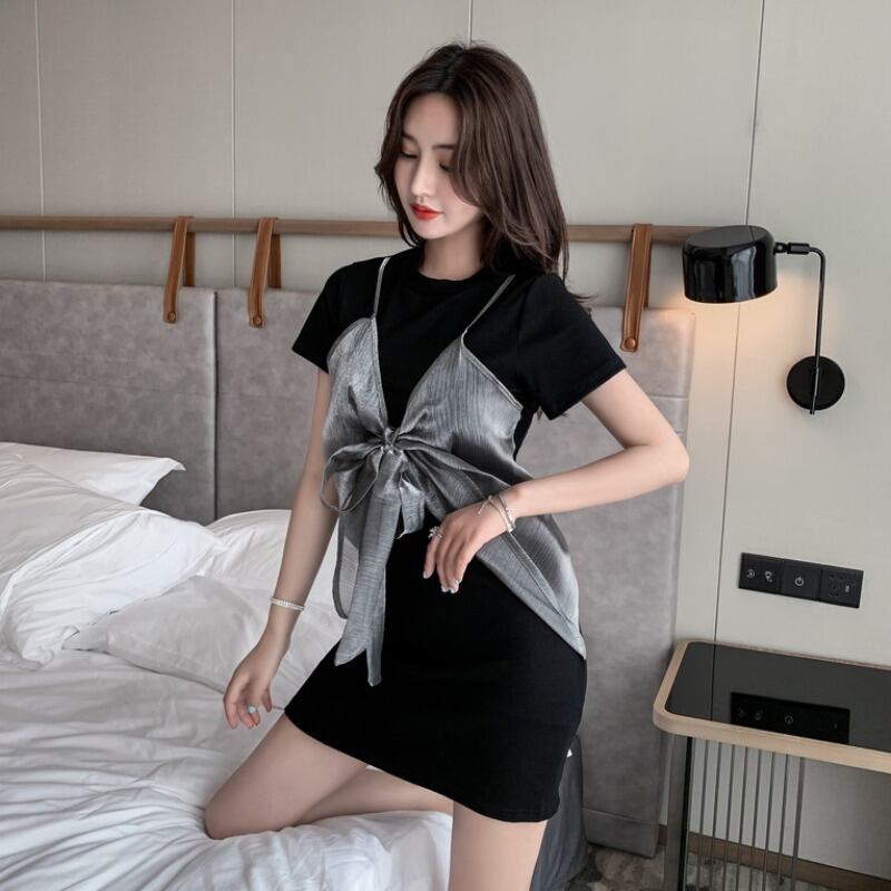 サマースタイルラウンドネック半袖スリーブリボンドレス レディース ショート ハーフスリーブ 夏物 Oネック ハンチェンe66477060490