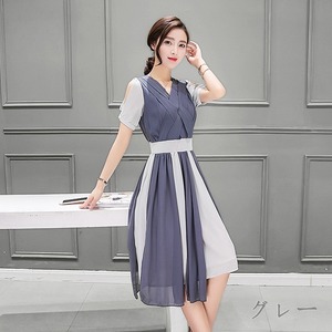 ★13号☆Vネックシフォン半袖ワンピ－ス(OPN6884)