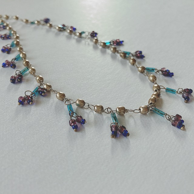 Vintage silver blue purple glass beads necklace choker ヴィンテージ シルバー ブルー