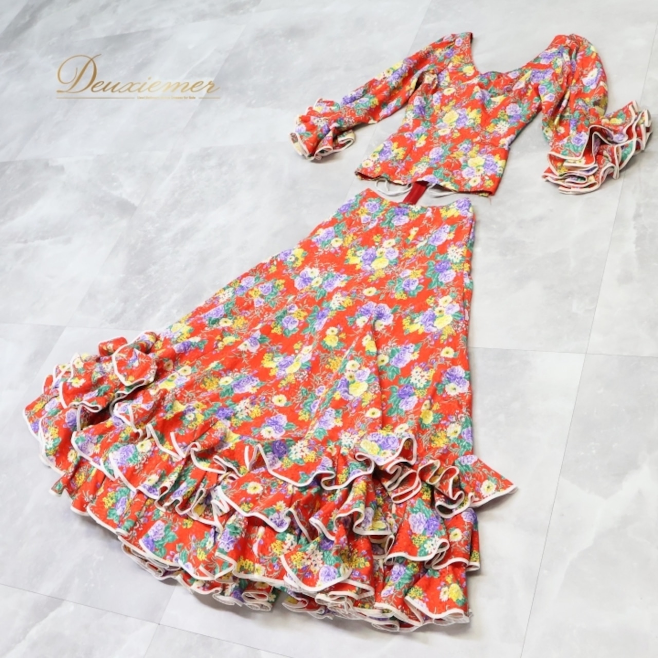 フラメンコ 衣装 トップス ブラウス ファルダ スカート ツーピース セットアップ レッド系 ブルー系 グリーン系 赤 青 緑 花柄 ボランテ フリル ダンス 発表会 レトロ フラメンコダンス ボリューム 可愛い おしゃれ