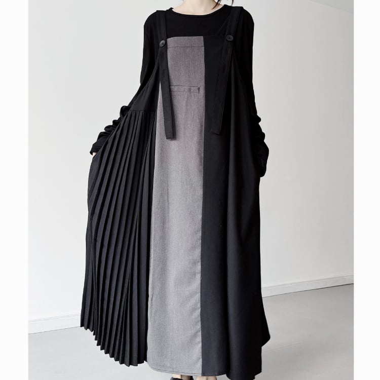 バイカラーピンストライプ切替サロペットワンピース|アートモードなジャンパースカートR01321