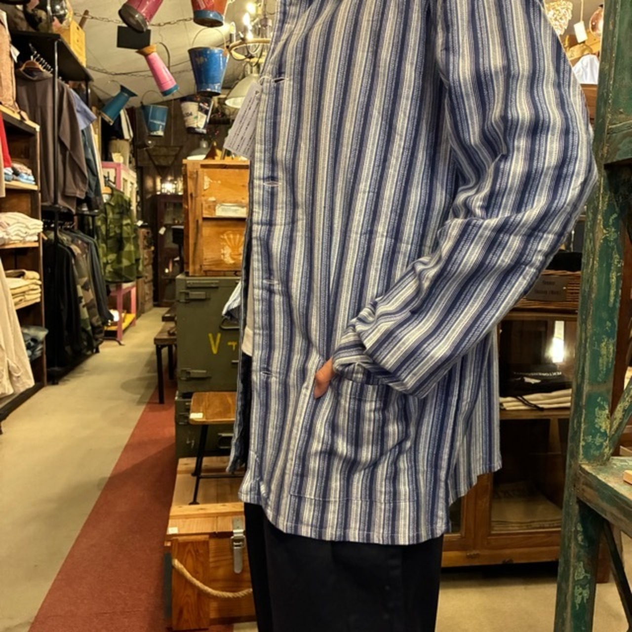 Poland Sleeping suit  Stripe L/S Navy　ポーランド　スリーピングスーツ　ネイビー　ロングスリーブ　ブルー　60年代　70年代　デッドストック　ミリタリー　パジャマ　セットアップ　シャツ　パンツ