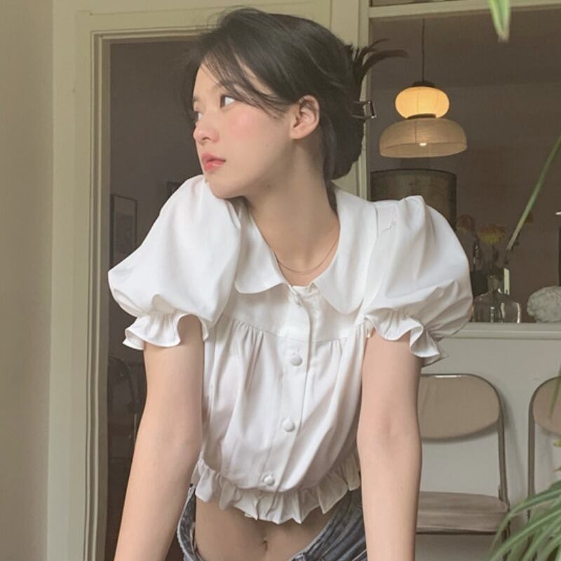 サマースタイルレーススリーブカラーショートシャツ 大人ガーリー スウィート キュート カジュアル 夏物 YY-ファッション55038326189