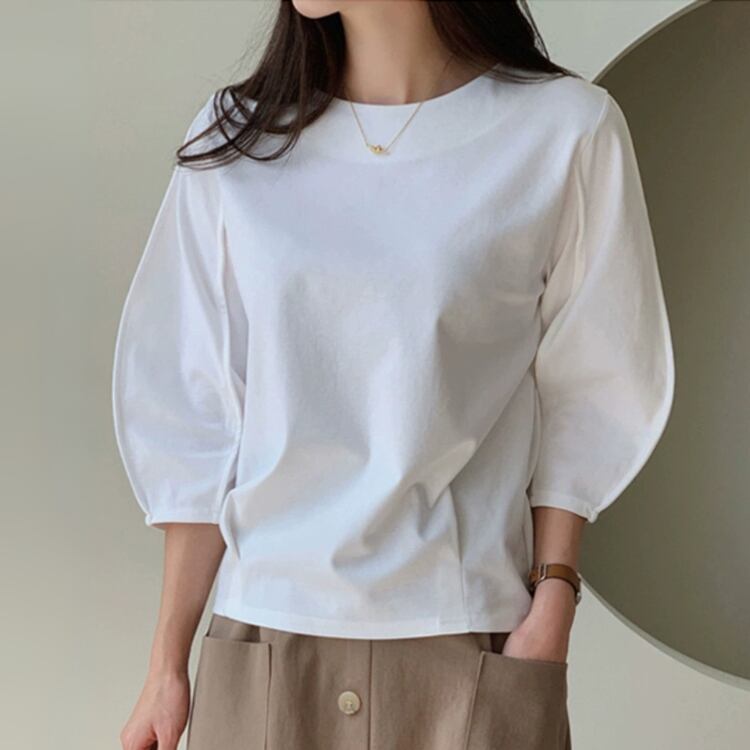 ラウンドネック パフスリーブ 七分袖トップス 2col N00099