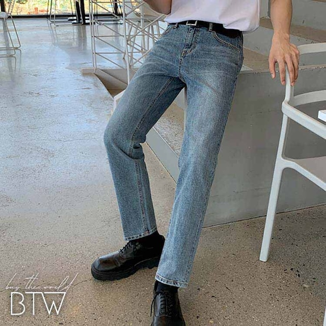 【韓国メンズファッション】ストレートクロップドデニムパンツ カジュアル ベーシック 色落ち BW2233