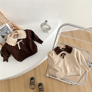 【3.7即納BABY&KID】フリル襟パフスリーブニットシャツ 全2色