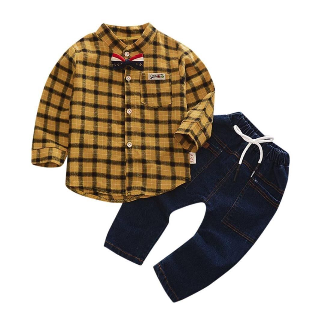 ２点セット シャツ ジ ンズ 男女兼用 おしゃれ ２色 蝶結び ベビー服 男の子 赤ちゃん服 Am37 海外子供服nico