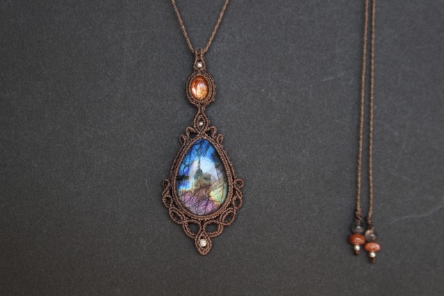 Multi Purple Labradorite & Sunstone micro macrame pendant