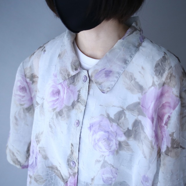 flower art pattern wrinkle fabric h/s see-through shirt