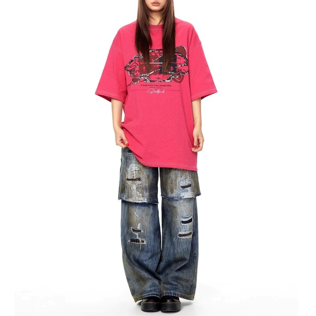 ペイントステッチルーズシルエットTシャツ 3col   R02068