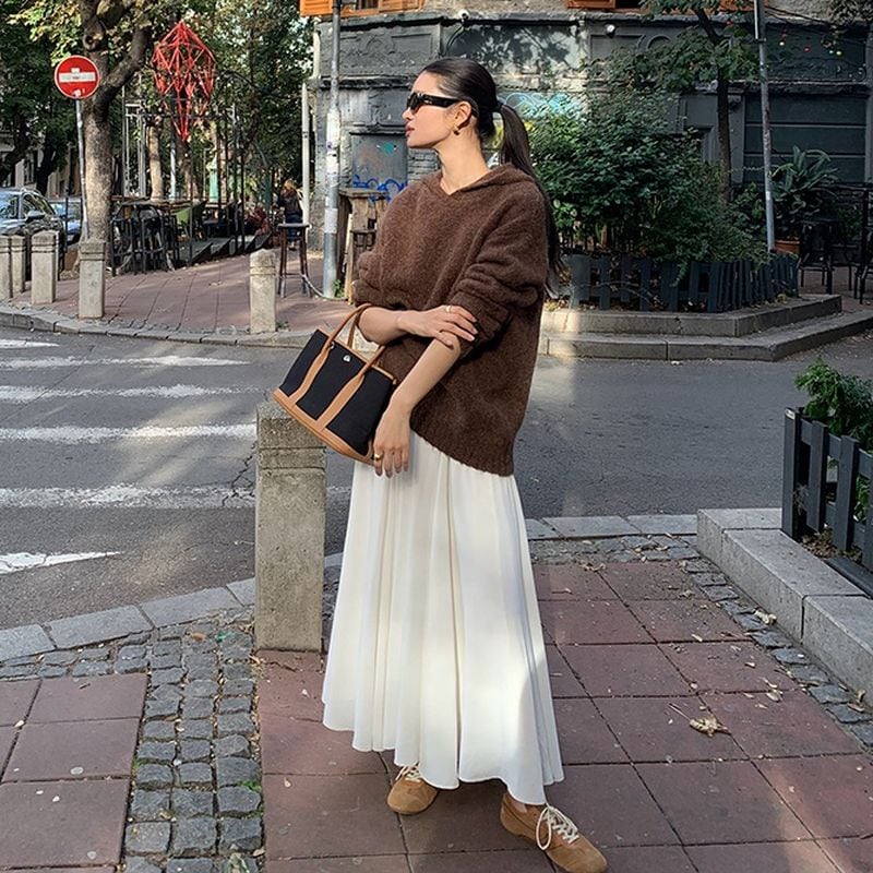 High waist white flared long skirt TH3129 | Leithy