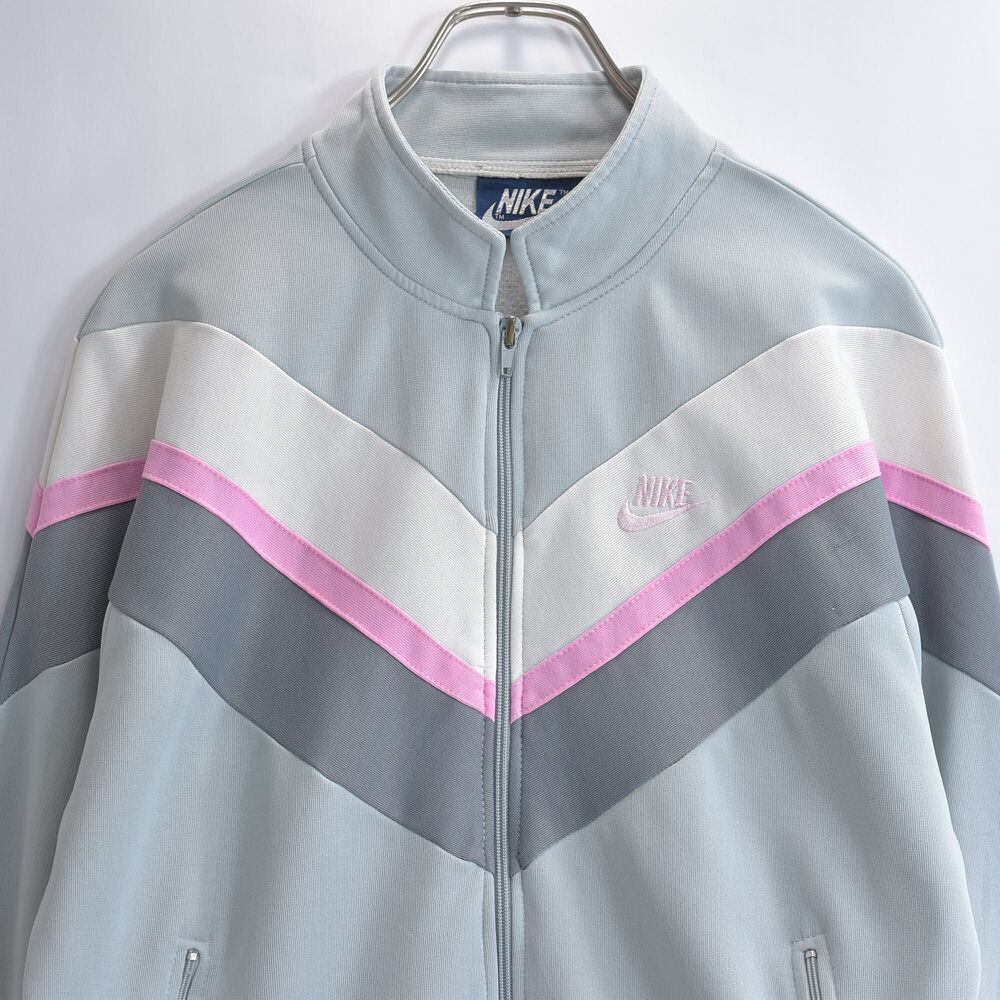 80s NIKE ナイキ ロゴ刺繍 切替デザイン トラックジャケット ジャージ ヴィンテージ オールドナイキ ライトアウター ビンテージ USA アメリカ古着 レディースL相当