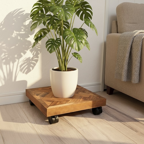 ヘリンボーンデザインのキャスター付きプランタースタンド/観葉植物台