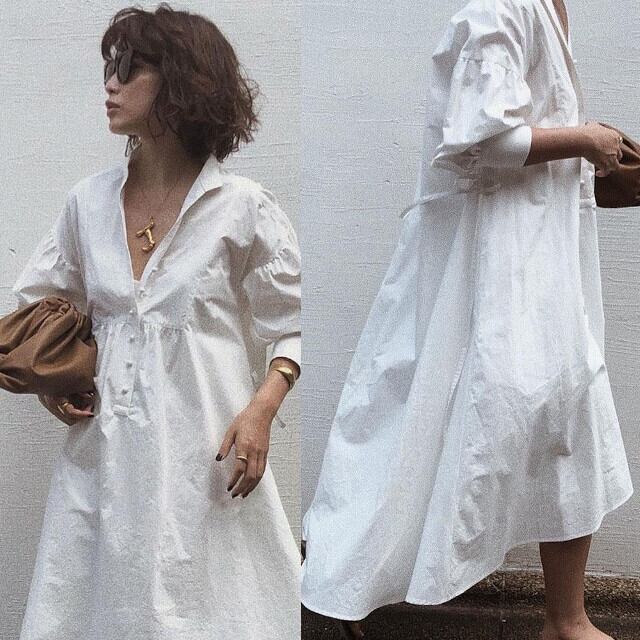 レディース ワンピース ランタンスリーブ タイプライターボリューム ワンピース ホワイト マキシワンピ ロング マキシ丈