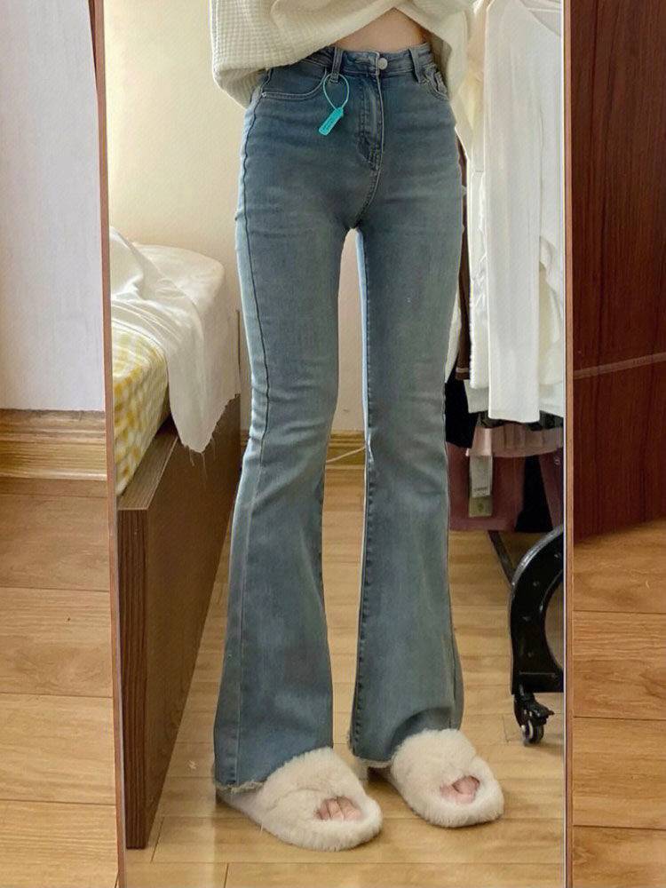 脚長見えハイウエストフレアデニムパンツ ストレッチ 美脚 後ろゴム 着痩せ 大人カジュアル 大きいサイズ 韓国 CH11656