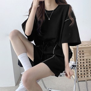 スウェット セットアップ Tシャツ ショートパンツ 2点セット レディース 春夏 韓国 ルームウェア 部屋着 大人 カジュアル ゆったり リラックス 体型カバー ハイウエスト ウエストゴム シンプル 大人可愛い 大人女子