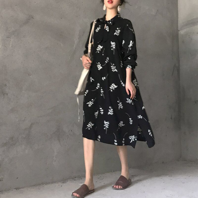 花柄 ワンピース きれいめワンピース シャツワンピース ワンピ 黒 ブラックドレス 花柄 ボウタイ 長袖 ゆったり 花柄のワンピース 韓国 ファッション レディース ワンピース 大人 可愛い 学生 通学 カジュアル 黒ワンピース 春 夏 秋 オシャレ 上品 Db08 Dbstyle 海外